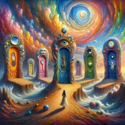 The primary subject of the image is a woman walking down a path between several doors. The setting appears to be a surreal, artistic environment, possibly a painting or digital artwork. The visual style suggests a creative and imaginative atmosphere. The colors and mood of the image are predominantly warm and inviting, with the woman being the focal point of the scene.